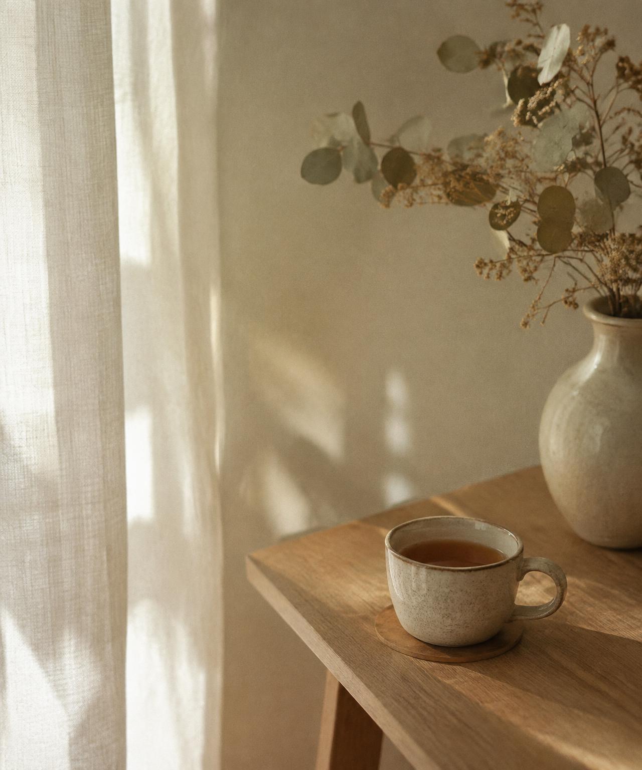 Calm sunlit room with a cup of tea